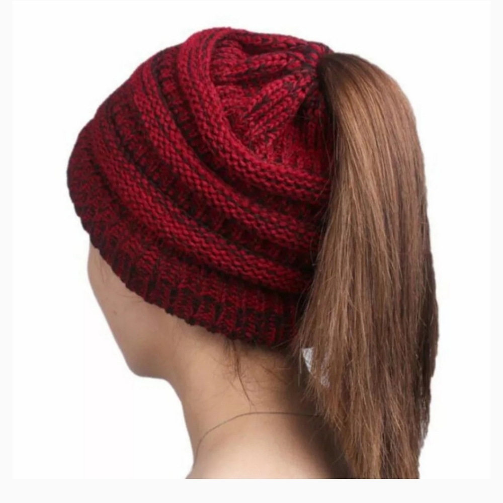 Red & Black Messy Bun/Ponytail Beanie